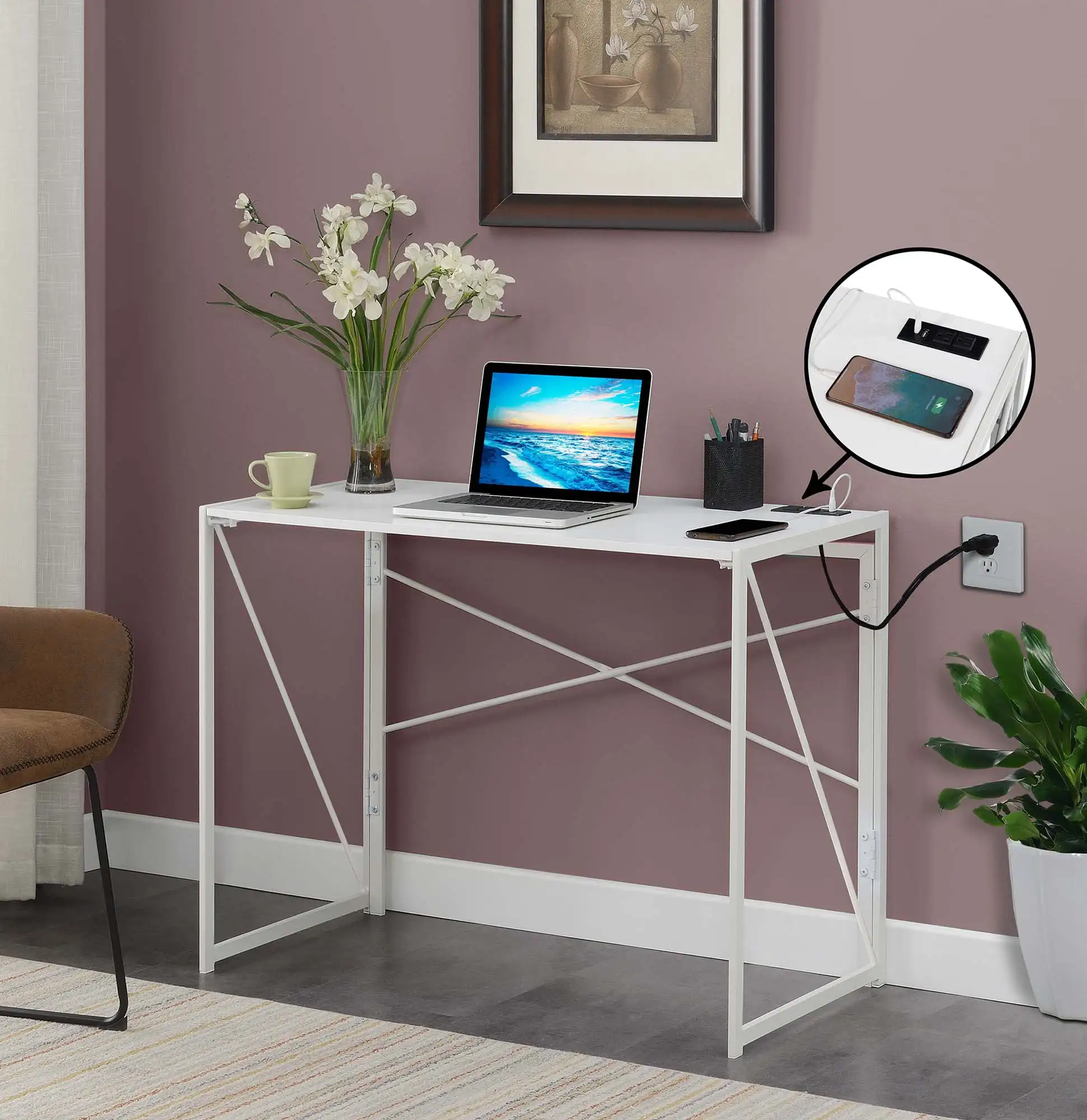

Convenience Concepts Xtra Folding Desk with Charging Station, White