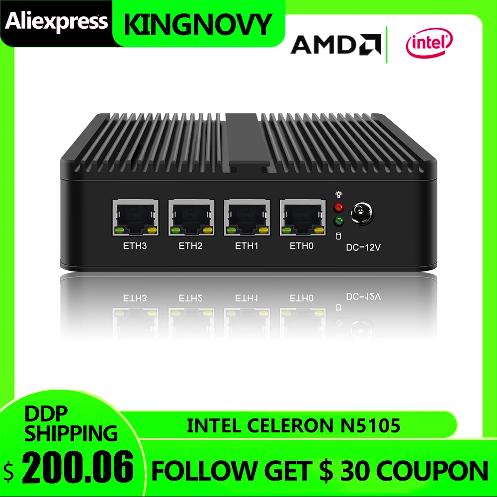 Fanless Mini PC 11th Gen N5105 Micro Appliance With 4x Intel i225 2.5G LAN for Network Firewall Gateway Router, Support AES-NI