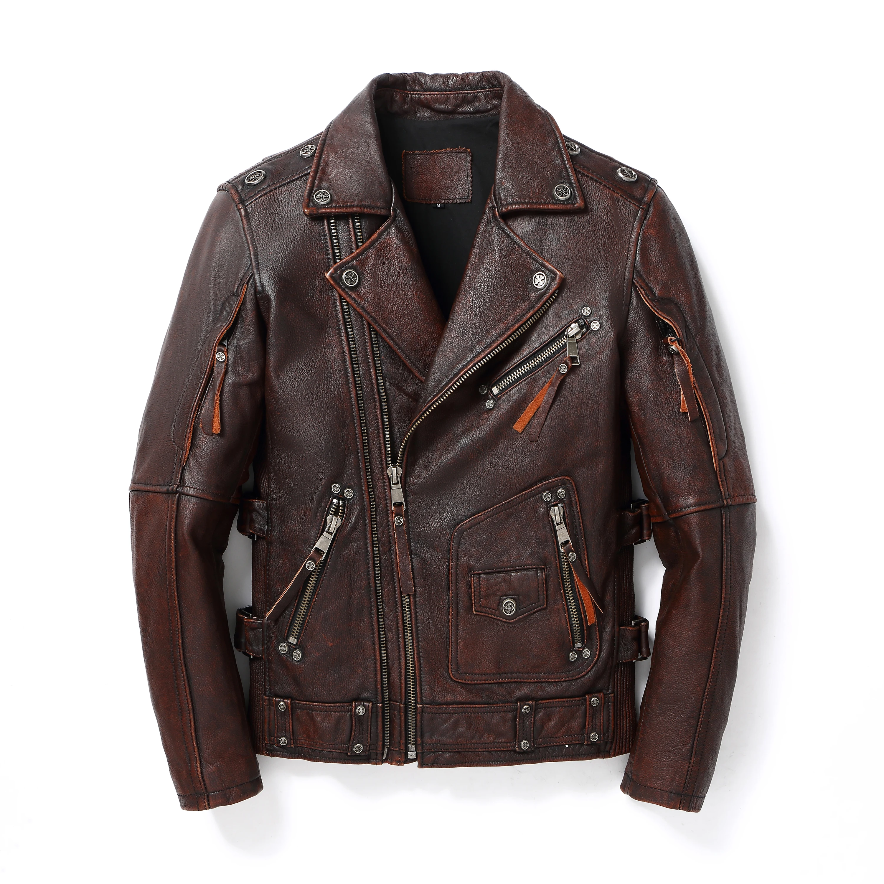 

Men's Made of Real Leather Moto Jacket 100%Natural Calfskin Genuine Leather Coat Vintage Distressed Lapel Short Classic Jacket