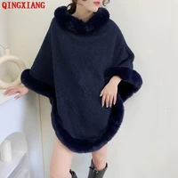 women capes granular velvet poncho 2022 winter faux fur neck thicken out street wear knitted triangle plus size pullover coat