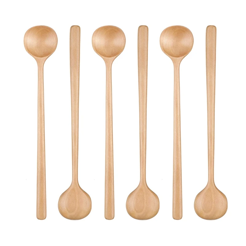 

Hot SV-6 Pcs Wooden Spoon,Long Handle Round Wood Spoons Mixing Stirring Soup Coffee Iced Tea Spoon For Kitchen Mixing Cooking