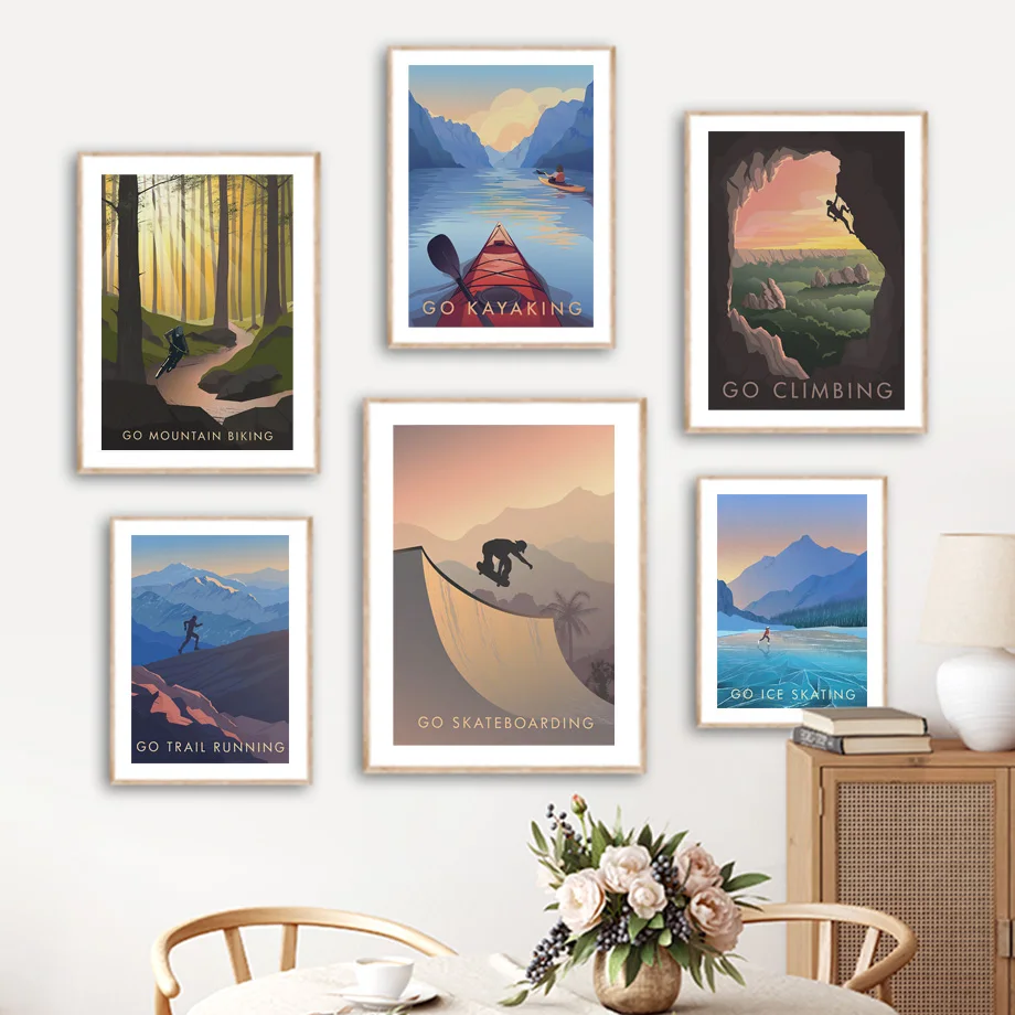 Outdoor Sports Skiing Cycling Climbing Running Abstract Wall Art Canvas Painting And Prints Wall Pictures For Living Room Decor