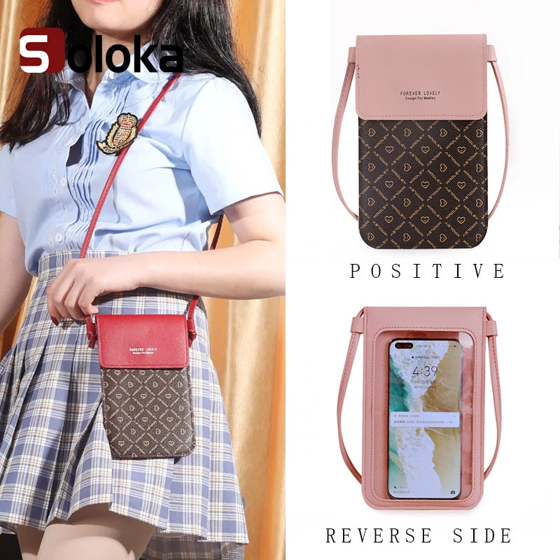 

Women's Lock Crossbody Bag PU Leather Touch Screen Mobile Phone Bag Retro Heart Print Student Hasp Messenger Bag Small Wallet