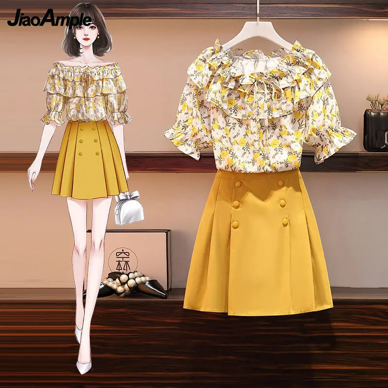 

Women's Summer Bohemian Off-Shoulder Shirt Skirts Two Pieces Set 2022 Korean Lady Graceful Floral Chiffon Short Sleeve Outfits
