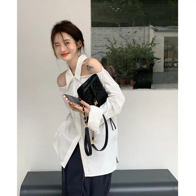 

Off Shoulder Hanging Neck White Shirt Tops Ladies Spring New Solid Color Loose Blouses Elegant Fashion Women Clothing