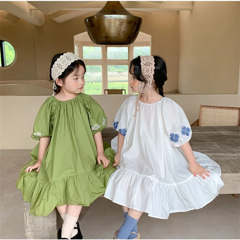 

2022 Summer Baby Girls Embroidery Dress Long Sleeve Children Cotton Loose Frock Korean Toddler One Piece Clothes Kids Dresses