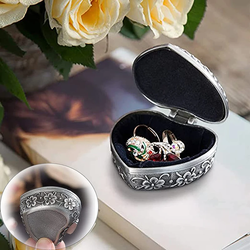 

Vintage Antique Heart Shape Jewelry Box Ring Earrings Necklace Container Small Trinket Storage Organizer Christmas Gift Case