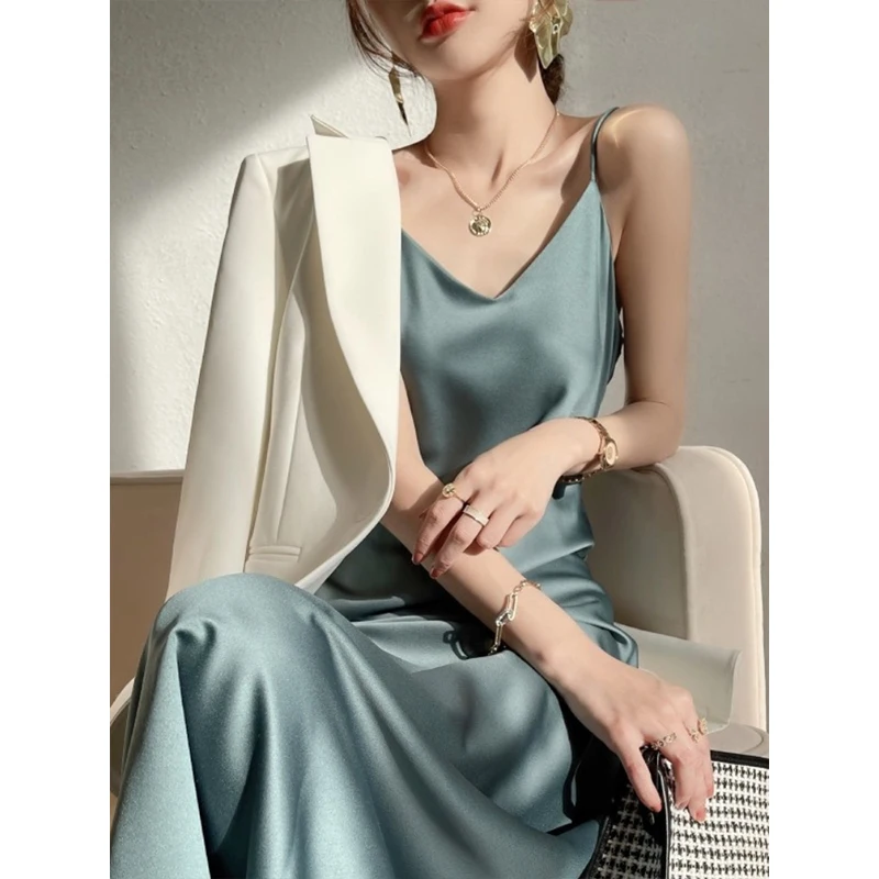 Silk satin suspender dress women's spring and summer inner suit acetate French mid-length design sense of niche slim