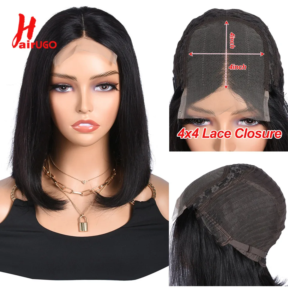 HairUGo 13*1 T Part Lace Wigs 4x4 Lace Closure Short Bob Wig Pre Plucked Brazilian Remy Straight Bob Human Hair Wigs For Women