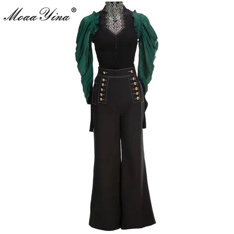 

MoaaYina Fashion Runway Autumn Winter Pants 2 Pieces Set Women Long sleeve Black Top + High waist Flare Pants Suit