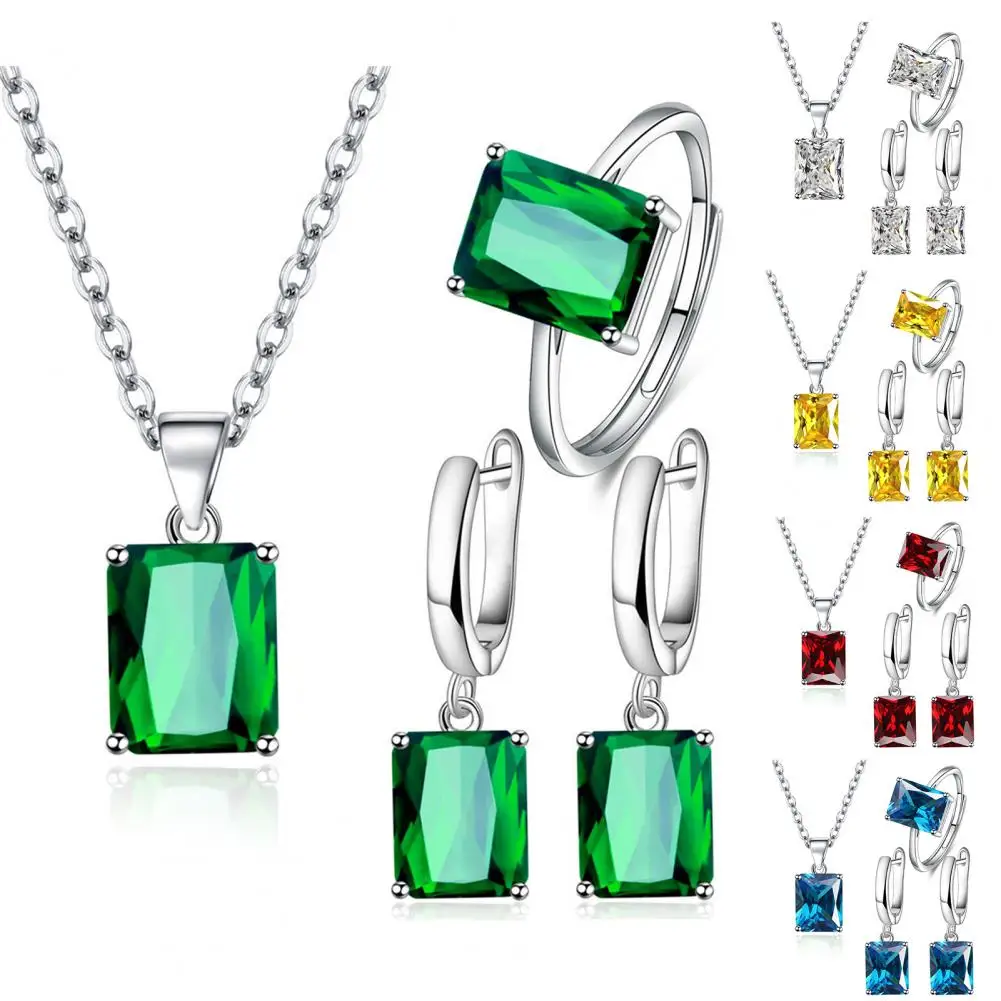 

4Pcs/Set Finger Ring Rectangle Shape Charming Cubic Zirconia Vintage Pendant Women Rhinestone Necklace Hoop Earrings Jewelry