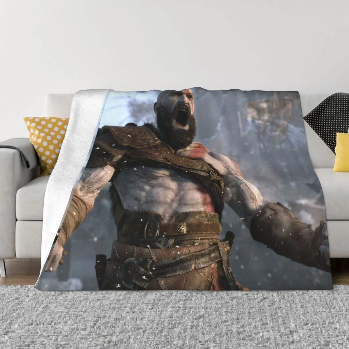 

God Of War Kratos Game Flannel Blanket Adventure Funny Throw Blanket for Sofa Bedding Lounge 125*100cm Bedspread