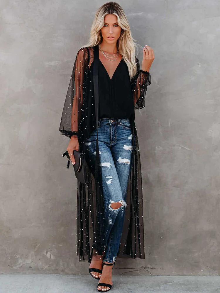 

Sheer Mesh Beading Embellished Beachwear Cardigan Summer Clothes for Women Black Long Lantern Sleeve Open Stitch Cover Up Coats