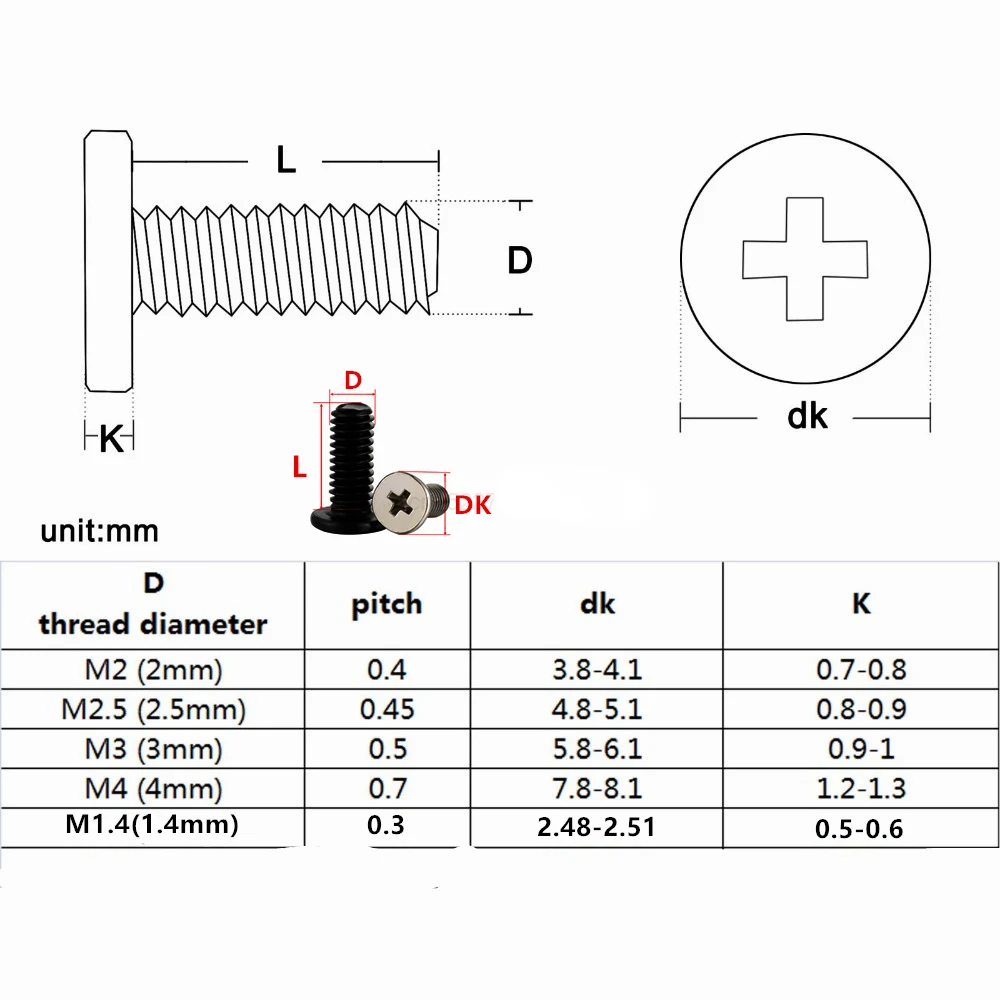 Винты с маленькой плоской головкой M1.4 M2 M2.5 M3 M4 50/100 шт. |