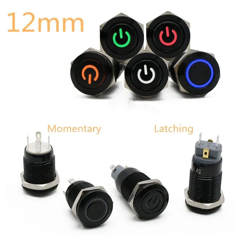 

12mm Oxidized Black High Head Waterproof Metal Push Button Switch LED Light Momentary Latching Car Engine PC Power Switch 3-380V