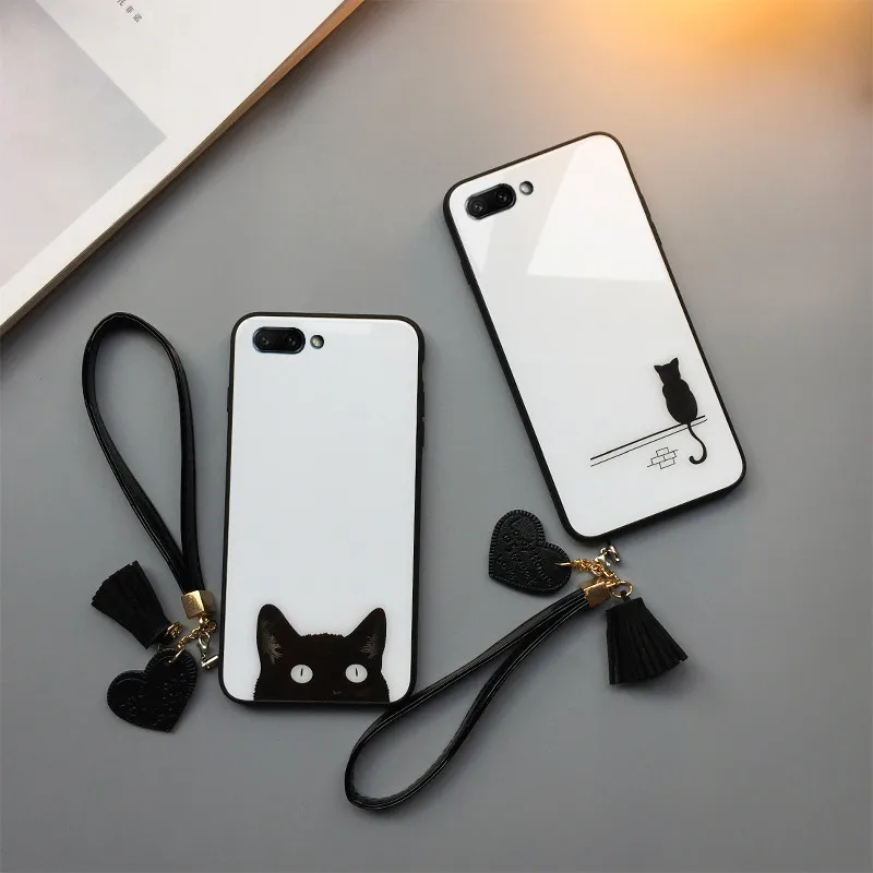 

BONVAN Cartoon Cat Case For Huawei Y5 Y6 Y7 Prime 2018 2017 Glass Hard Cover For Huawei Y9 Prime 2019 2018 Lanyard Couqe Capa