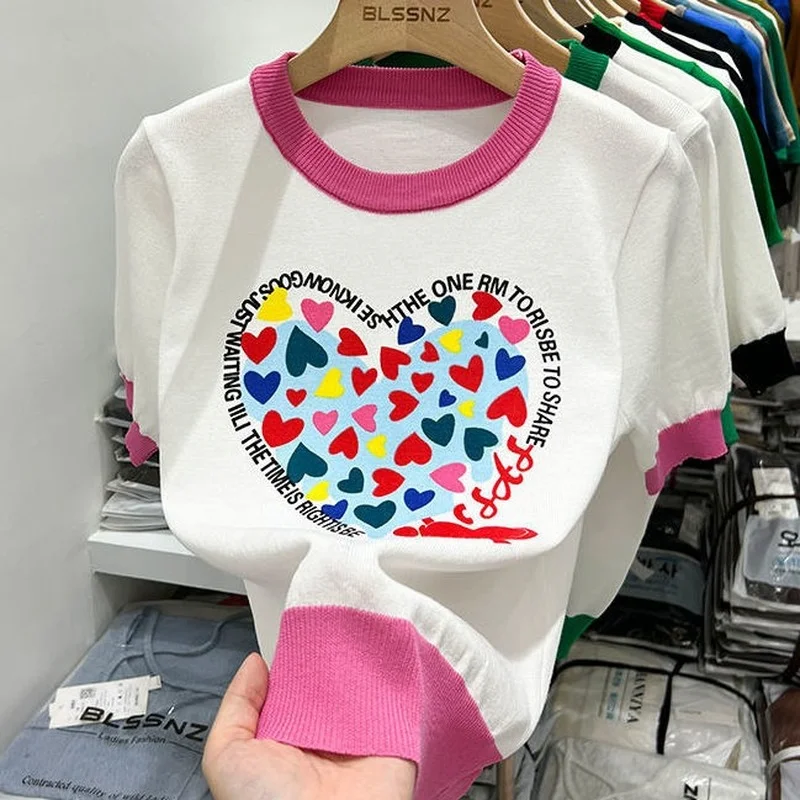 

Summer Plus Size Comfort Cotton Knitted T Shirts Cute Love Heart Print Graphic Tee Korean Japan Fashion Office Ladies Tops Mujer