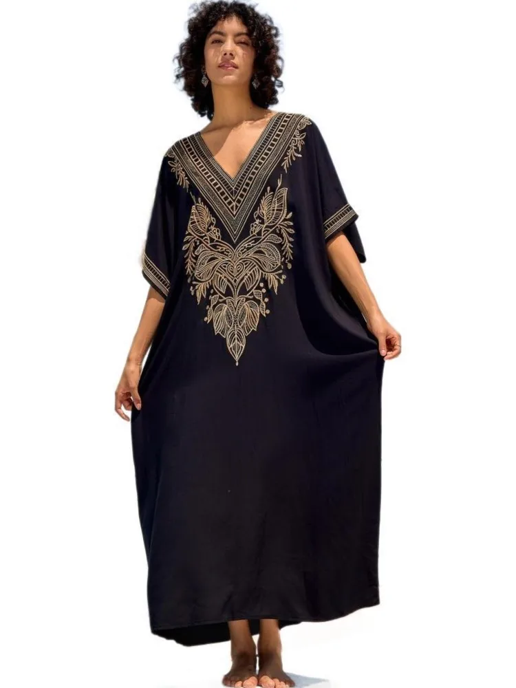 2025 Print Maxi Dress Batwing Sleeve Tunic Spring Summer Beach Casual Plus Size Women Beachwear Kaftan Cover-ups