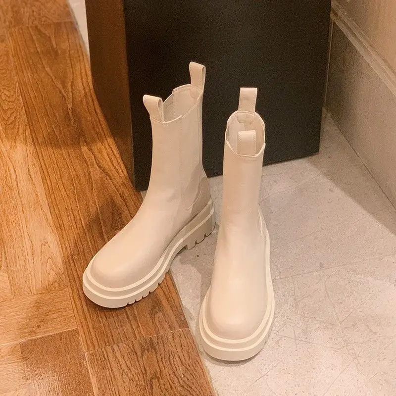 Женские ботинки челси из натуральной кожи Нескользящие черные белые до середины