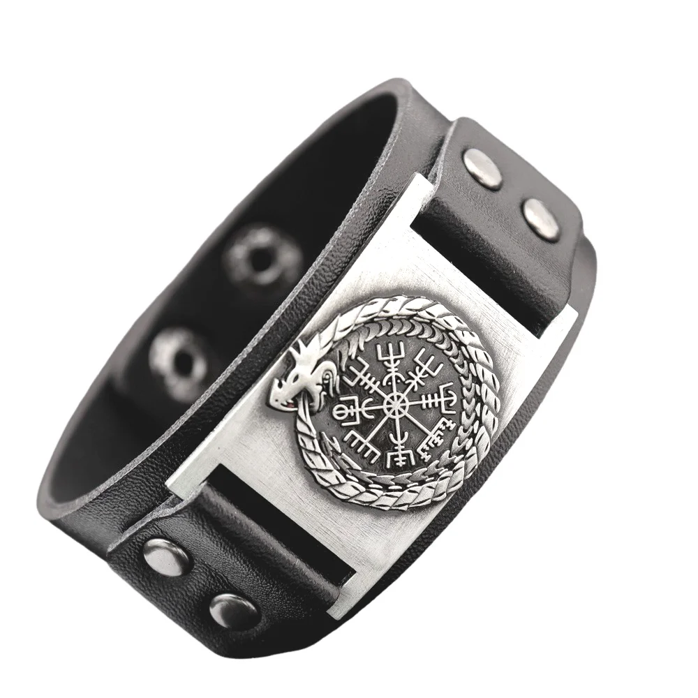 Мужской кожаный браслет с компасом в скандинавском стиле
