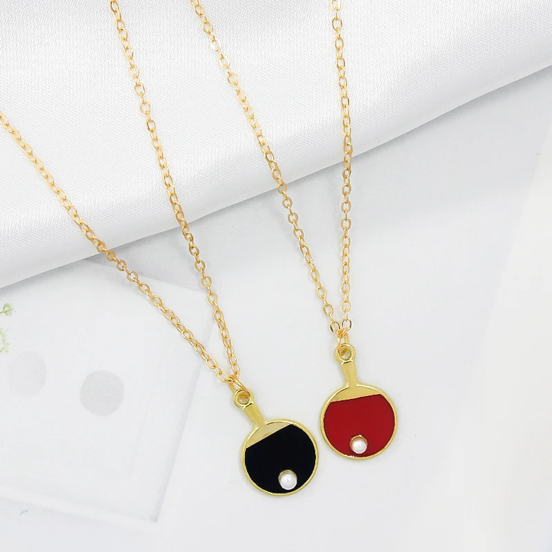 

Red Black Table Tennis Racket Pendant Necklace Metal Alloy Imitation Pearl Table Tennis Fashion Necklace Gifts For Sports Fans
