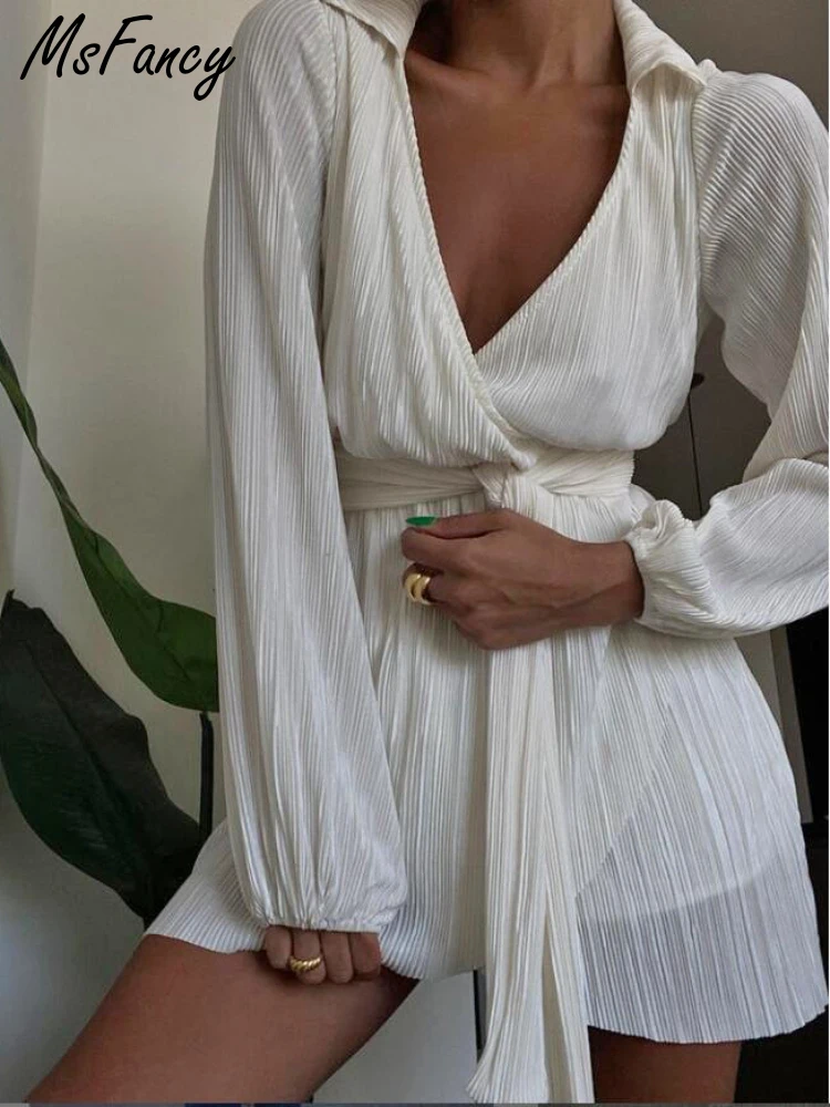

Msfancy White Plisse Shirt Dress Women 2022 Fashion V-neck Lace Up Mini Vestidos Elegantes Para Mujer Lantern Sleeve Robe