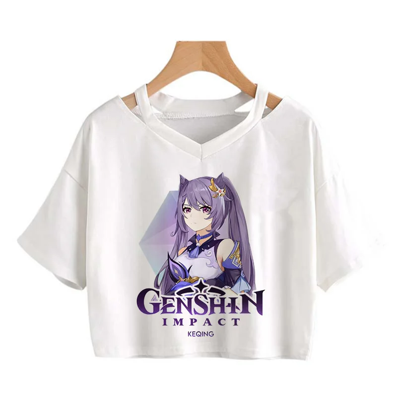 

Футболка Genshin Impact, женские футболки с рисунком игры Keqing Harajuku, милые летние топы, мультяшная женская футболка Ху Тао, забавная женская футболк...