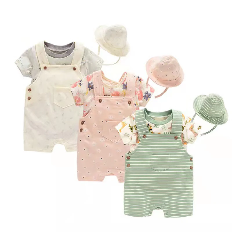 2022 New Fashion Baby Clothing Set Romper+Overall+Hat 3-Piece Set Short Sleeve Baby Boy Girl Clothes Baby Summer Outerwear 0-12M