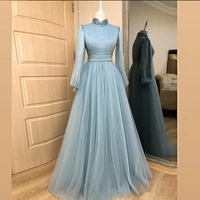 light blue a line muslim evening dresses high neck lace tulle long sleeve wedding guest formal party prom gowns 2022