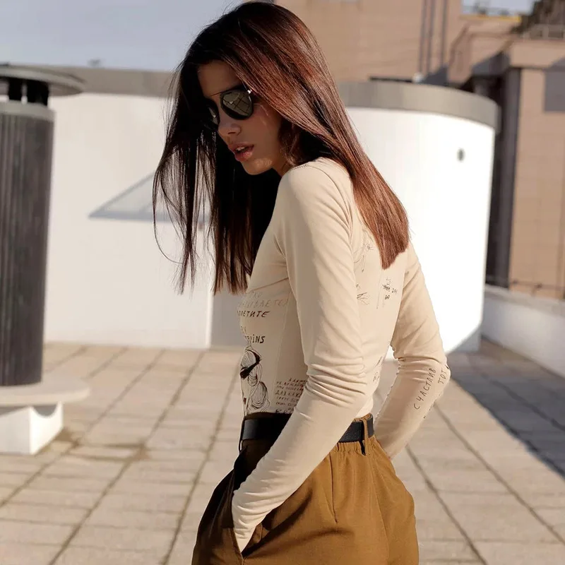 Europe and the United States women's summer new round neck long-sleeved fashion printing Slim versatile jumpsuit