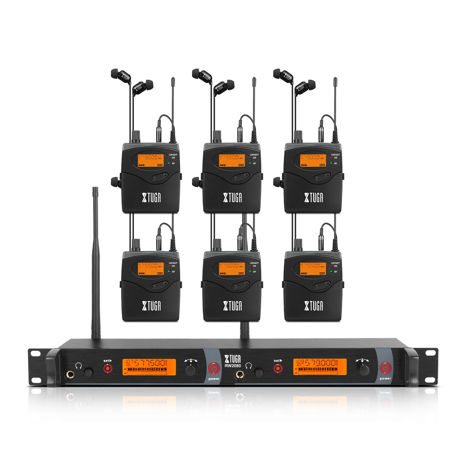 

RW2080 Metal Wireless in Ear Monitor System 2 Channel 6 Bodypacks with in Earphone Wireless Type Used for Stage or Studio