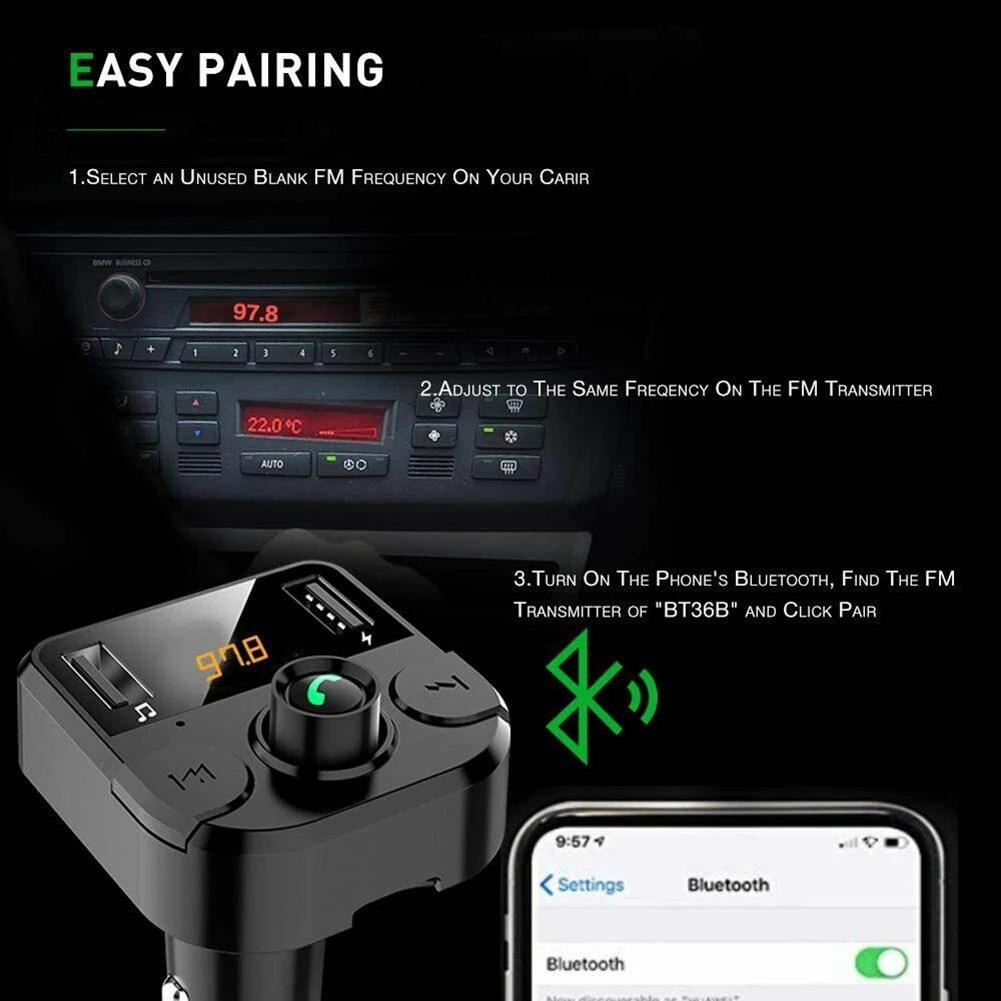 

Durable Bluetooth FM Transmitter Car Replacements Accessories W/USB Adapter
