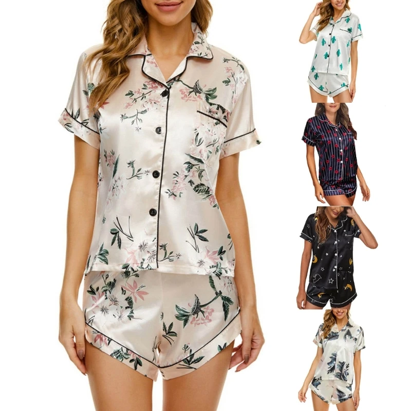 

Q1FA Pajamas Set Women Short Sleeve Button Down Shirt and Shorts Satin Lounge Outfits