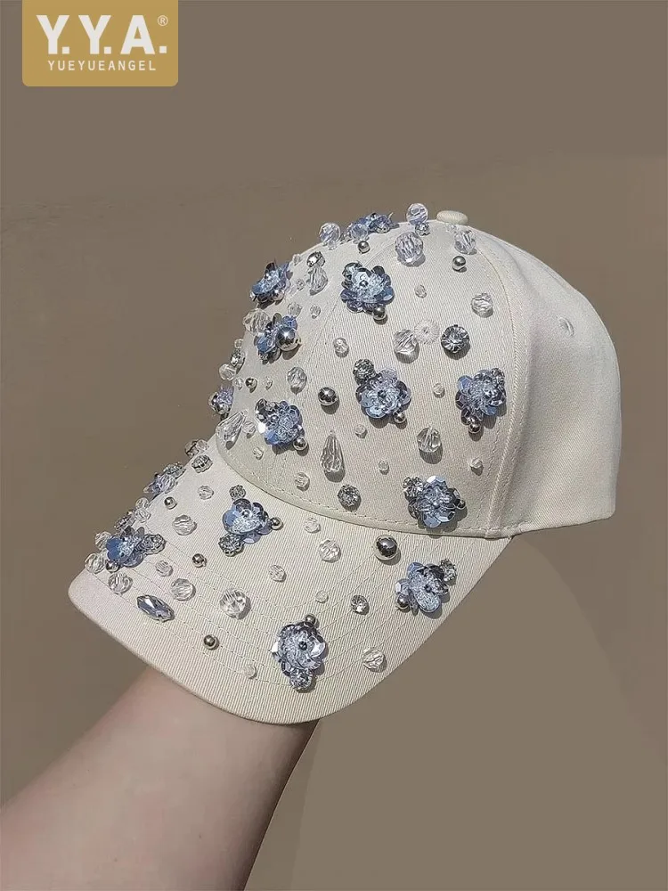 Модная женская летняя бейсбольная кепка с блестящими цветами и бисером