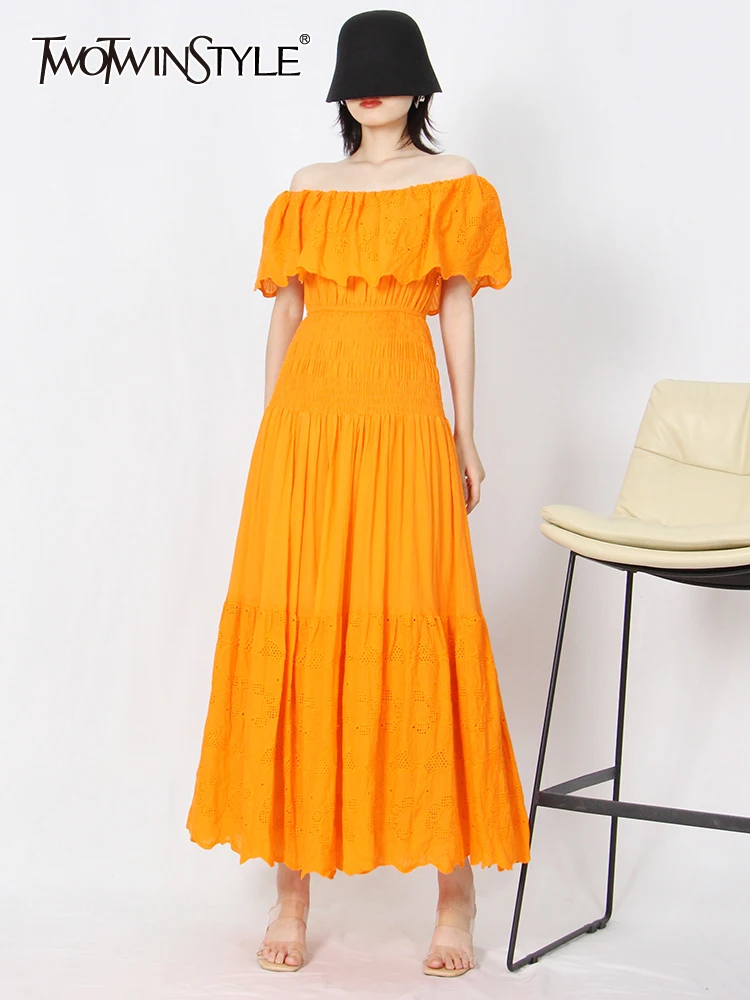 

TWOTWINSTYLE Summer Off Shoulder Dress For Women Slash Neck Short Sleeve High Waist Solid Minimalist Midi Dresses Female 2022