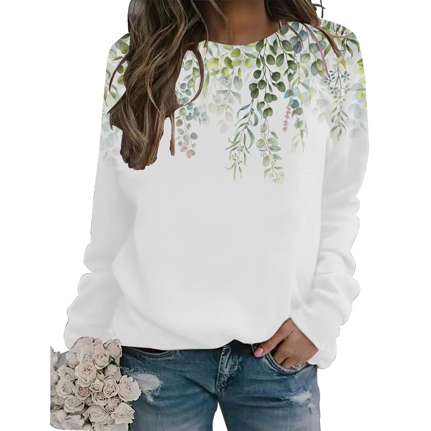 

Women's clothing European and American new 2021 summer women's floral print tops Round neck long-sleeved sports sweaters Women