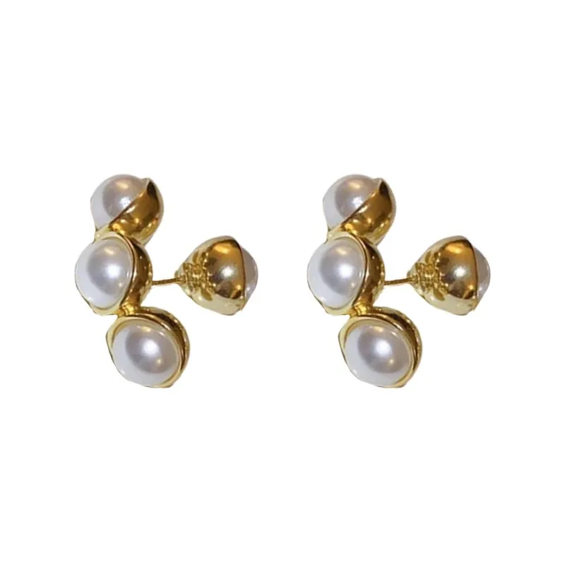 Французские серьги-гвоздики в стиле ретро с жемчугом и геометрическим узором из