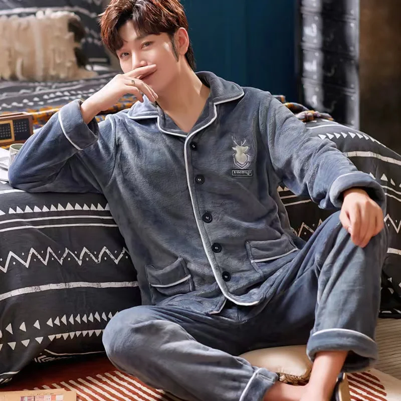 New Winter Thicken Warm Flannel Pajama Sets Men Coral Fleece Sleepwear 2pcs/Set Tops + Pants Home Clothes Male Pyjamas