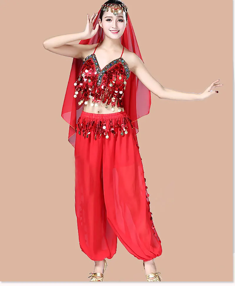 Костюмы для танца живота для женщин, 3 шт.: брюки, топ и покрывало на голову, индийский болливудский стиль, для выступлений.