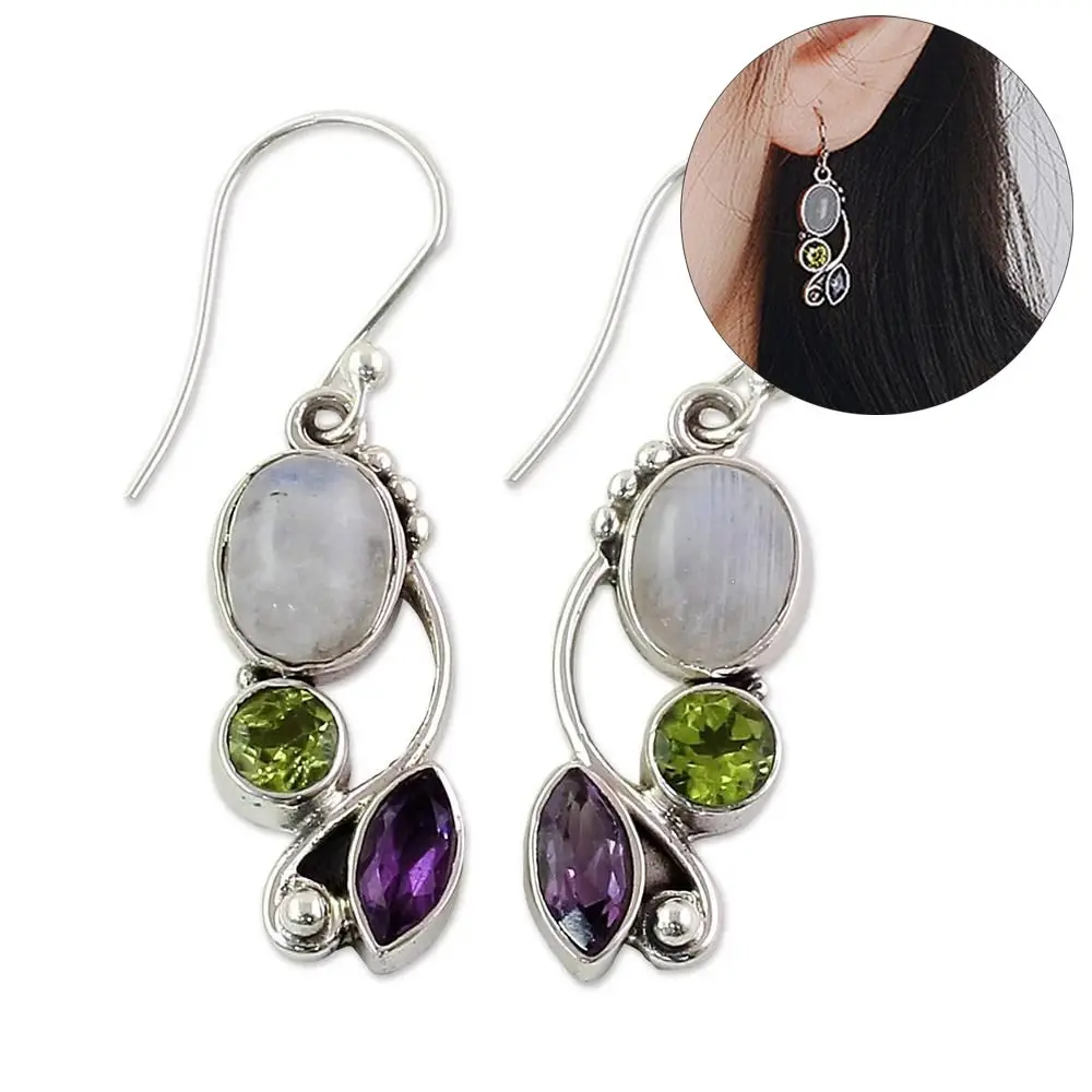 

Charm gift Engagement Wedding Jewelry Chic Dangle Multi-Gemstone Moonstone Earrings Amethyst Ear Stud Peridot