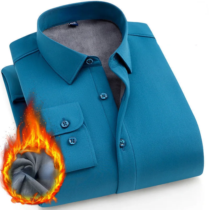 

Men's Winter Fleece Warm Business Casual Long Sleeved Shirt White Blue Black Smart Male Thick Work Social Dress Shirts Yyqwsj