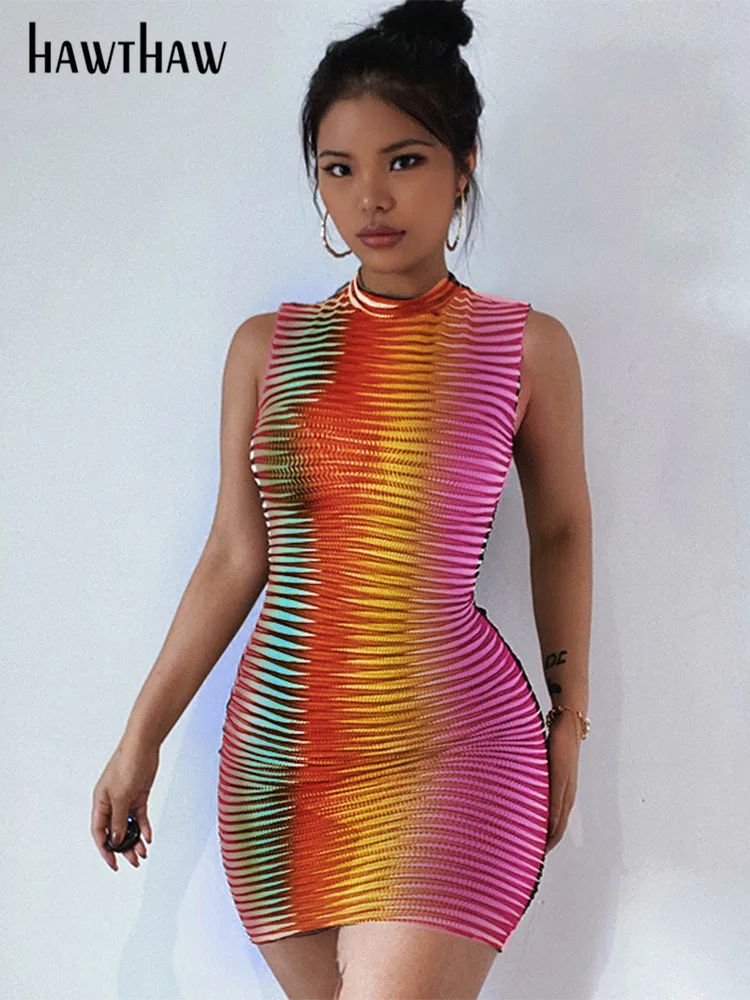 

Hawthaw Women Summer Sleeveless See Through Bodycon Striped Mini Dress Sundress 2021 Female Clothing Streetwear Wholesale Items