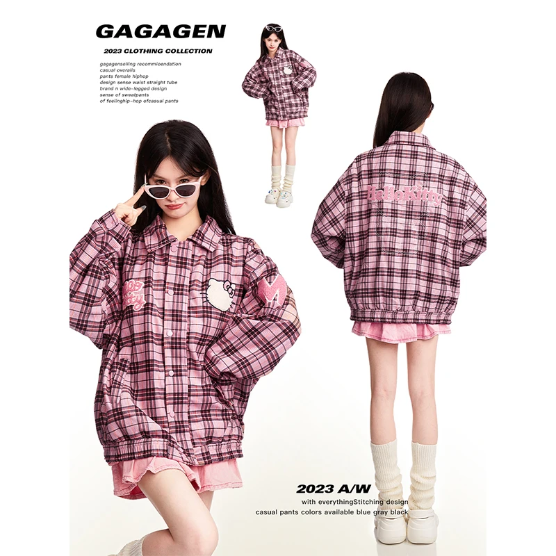 

Sanrio Hello Kitty Pink Plaid Shirts Tops Women Street Wear Gingham Casual Long Sleeve Top Single-Breasted Oversize Shirt Ladies