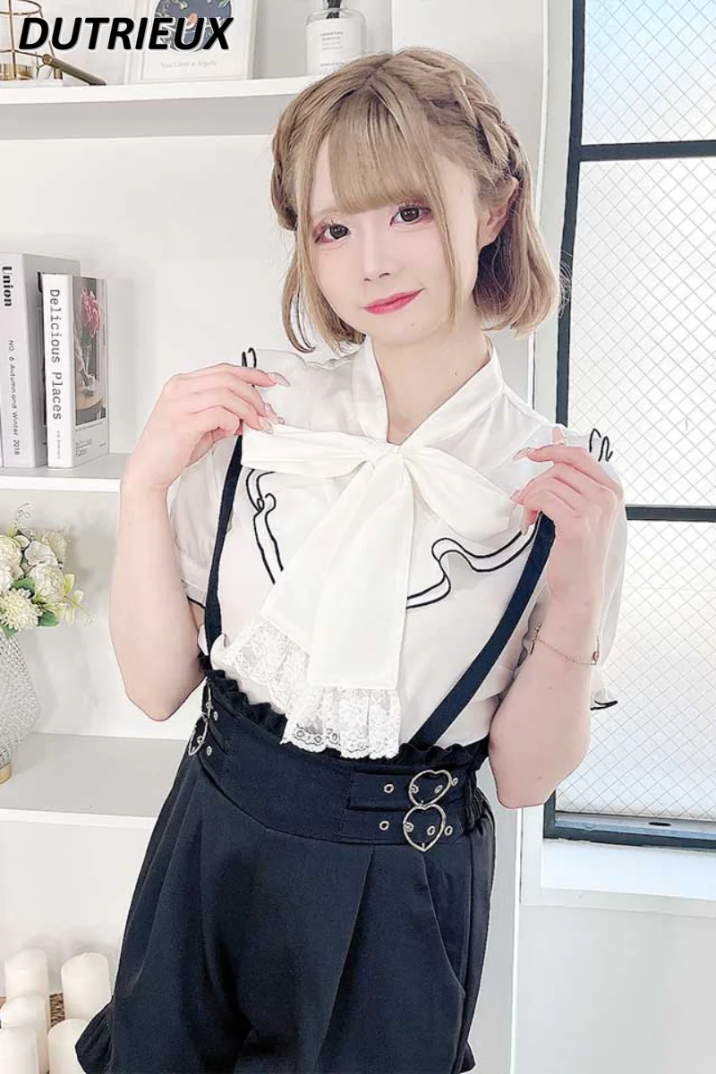 

Летняя Милая рубашка для девочек, однотонный топ с коротким рукавом, Женская серия японских мин., серия массового производства, блузка с большим бантом и оборками