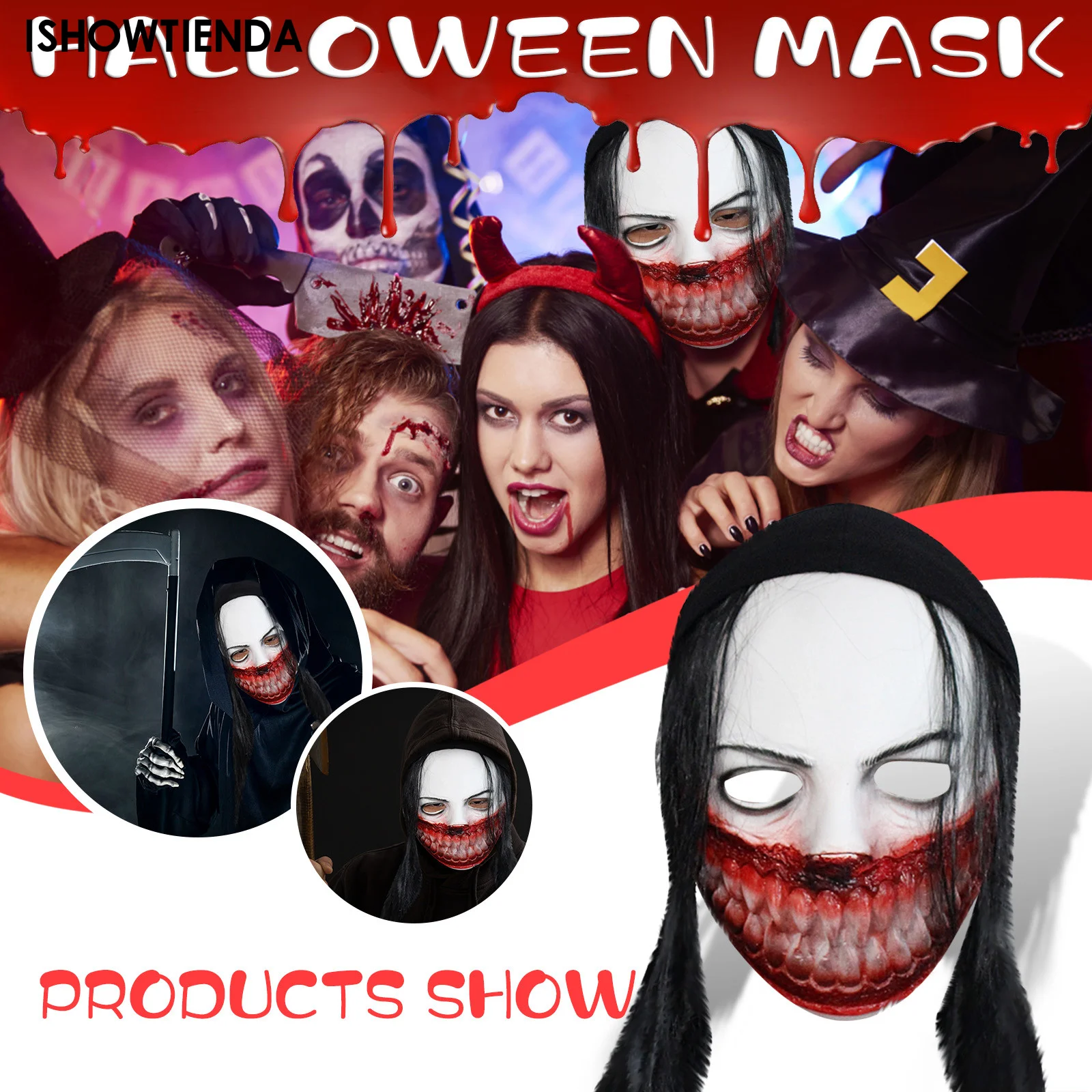 

Маска для Хэллоуина с длинными волосами, страшная маска с призраком, женская маска с большим Ротом для Хэллоуина, игрушки, костюм для косплея, Реалистичная страшная маска