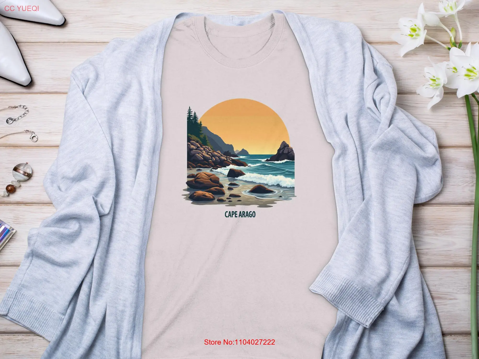 Фото Футболка Cape Arago с пляжным принтом и принтом Ocean Coastal, повседневный топ с природной сценой для путешественников, с длинными или короткими рукавами №1