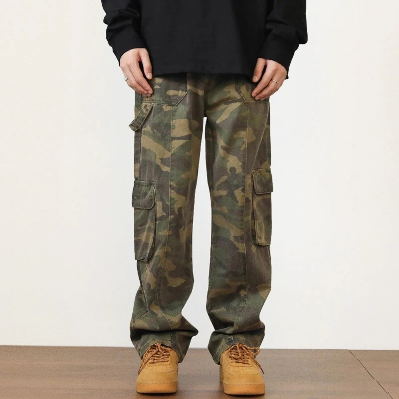 

DEEPTOWN Camouflage Cargo Pants Men Pocket Straight Trousers Male Loose Casual Vintage Camo Hip Hop Streetwear Fashion Spring