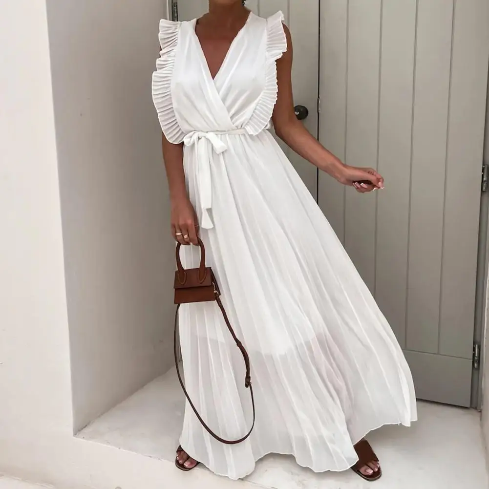 

Women Dress Cross Sweet Sexy Flowy Dress Thin See-through V Neck Shirring Ruffle Sleeveless Beach Dress Female Clothes New 2022