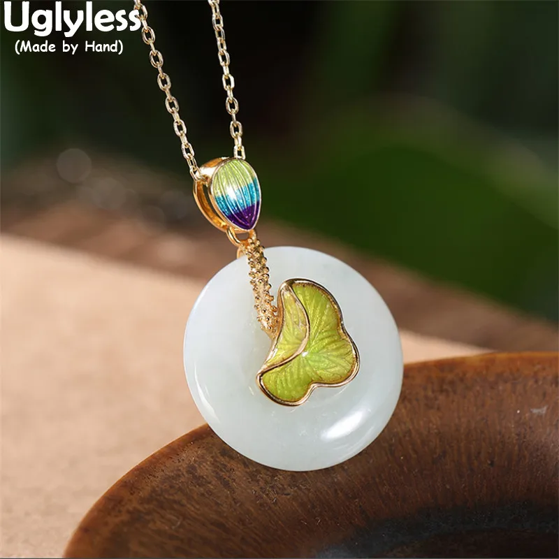 

Uglyless Enamel Lotus Leaf Pendants Necklaces NO Chains Natural Jadeite Peace Buttons Necklaces Gold 925 Silver Eastern Jewelry