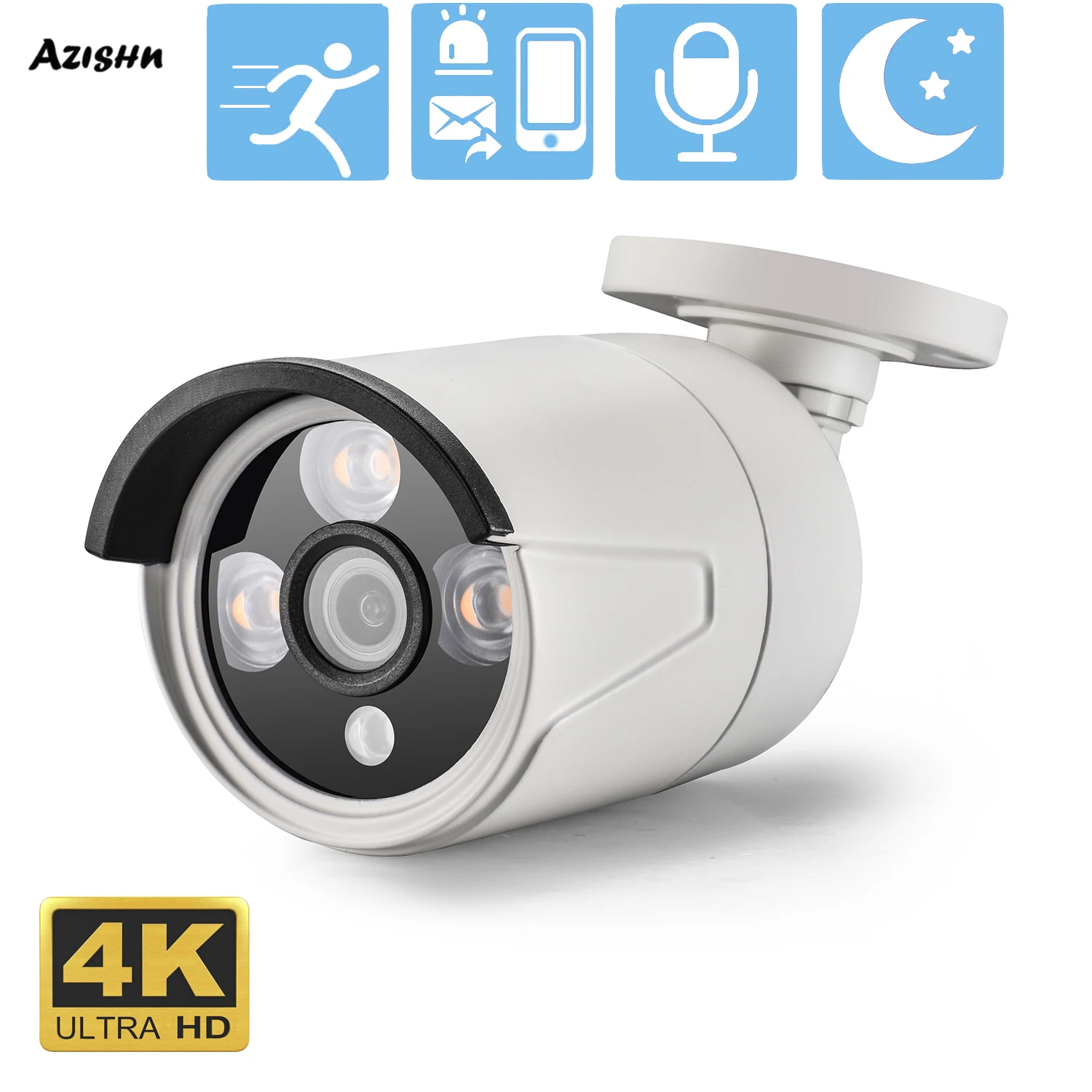 Наружная водонепроницаемая IP-камера видеонаблюдения AZISHN, 4K, 8 Мп, металлический корпус, инфракрасная камера безопасности